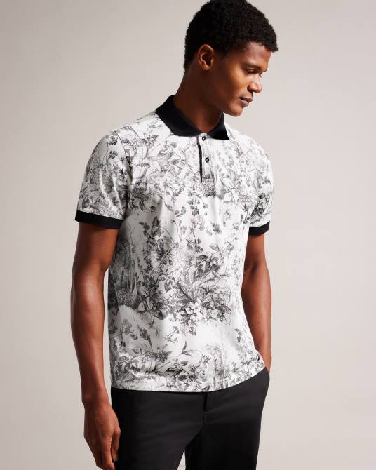 Ted Baker hombres 2ZFP1323 ropa polo de manga corta con estampado botánico quinten blanco
