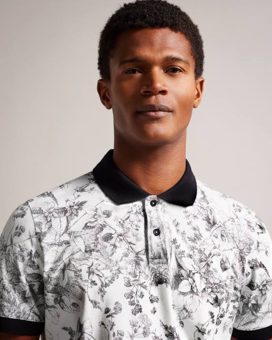 Ted Baker hombres 2ZFP1323 ropa polo de manga corta con estampado botánico quinten blanco