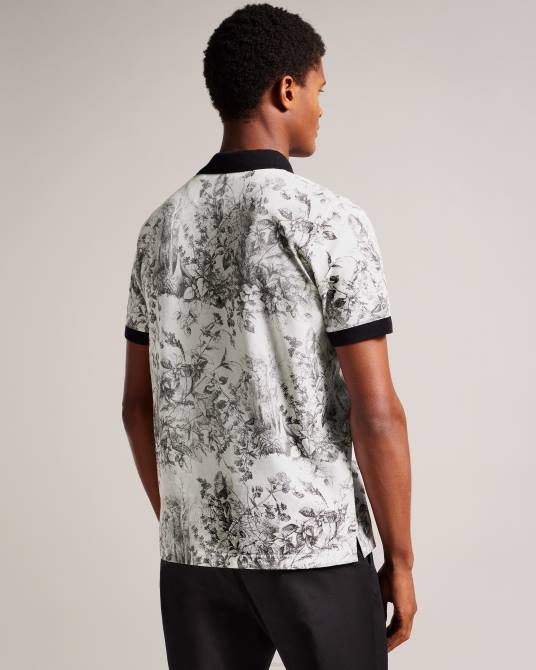 Ted Baker hombres 2ZFP1323 ropa polo de manga corta con estampado botánico quinten blanco