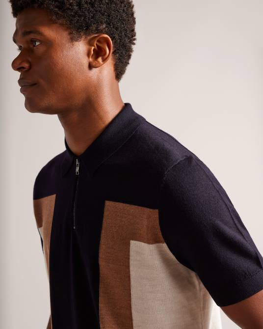 Ted Baker hombres 2ZFP1349 ropa polo larbrot manga corta cuello cremallera azul marino oscuro