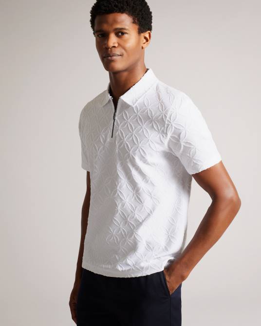 Ted Baker hombres 2ZFP1404 ropa polo maroc de manga corta con cremallera y jacquard blanco