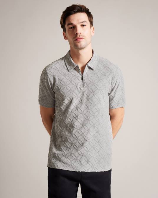 Ted Baker hombres 2ZFP1515 ropa polo maroc de manga corta con cremallera y jacquard marga gris