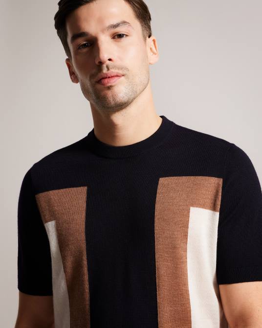 Ted Baker hombres 2ZFP1538 ropa camiseta navia de pura lana manga corta azul marino oscuro