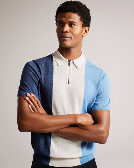 Ted Baker hombres 2ZFP1559 ropa Polo Swansea de lana merino con rayas verticales y manga corta azul medio