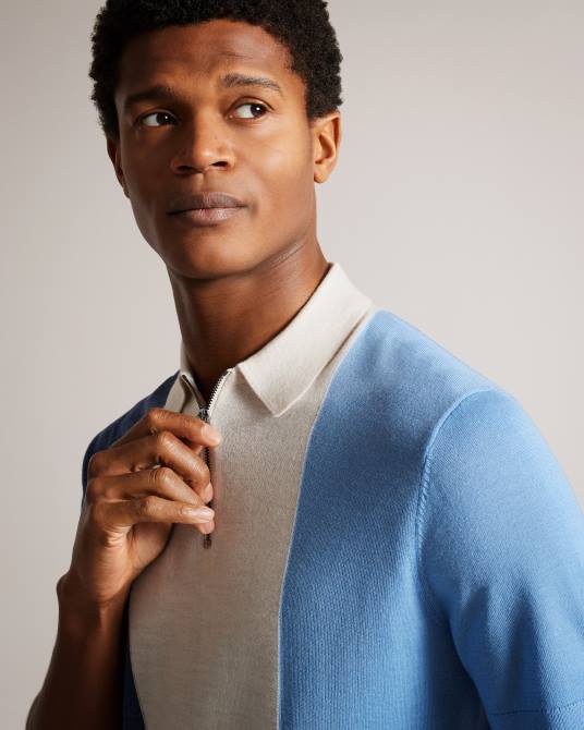 Ted Baker hombres 2ZFP1559 ropa Polo Swansea de lana merino con rayas verticales y manga corta azul medio