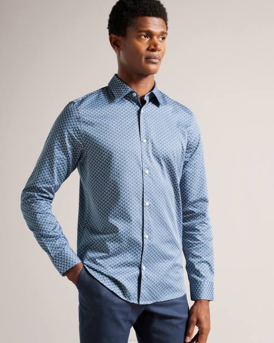 Ted Baker hombres 2ZFP1223 ropa Willuw camisa de manga larga con estampado geométrico azul