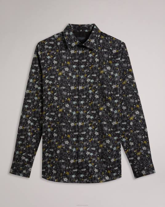 Ted Baker hombres 2ZFP1226 ropa camisa carey de manga larga con estampado floral gris