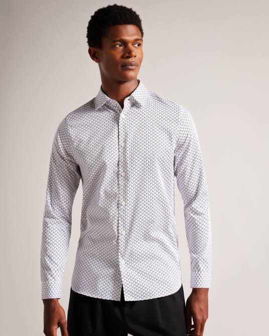 Ted Baker hombres 2ZFP1232 ropa Willuw camisa de manga larga con estampado geométrico blanco