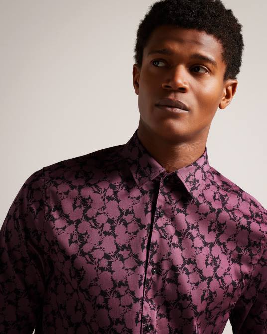 Ted Baker hombres 2ZFP1240 ropa camisa comlee de manga larga con estampado floral granate