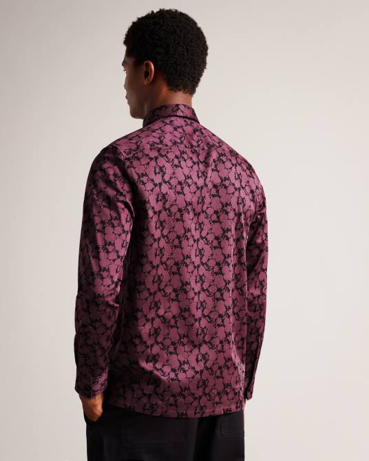 Ted Baker hombres 2ZFP1240 ropa camisa comlee de manga larga con estampado floral granate