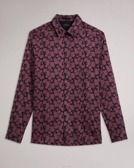 Ted Baker hombres 2ZFP1240 ropa camisa comlee de manga larga con estampado floral granate
