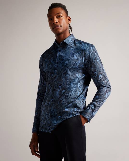 Ted Baker hombres 2ZFP1280 ropa camisa mullen de manga larga con estampado de pájaros dibujados a mano azul medio