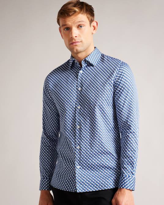 Ted Baker hombres 2ZFP1421 ropa barder camisa geométrica de manga larga de algodón elástico azul oscuro