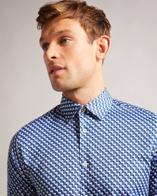 Ted Baker hombres 2ZFP1421 ropa barder camisa geométrica de manga larga de algodón elástico azul oscuro
