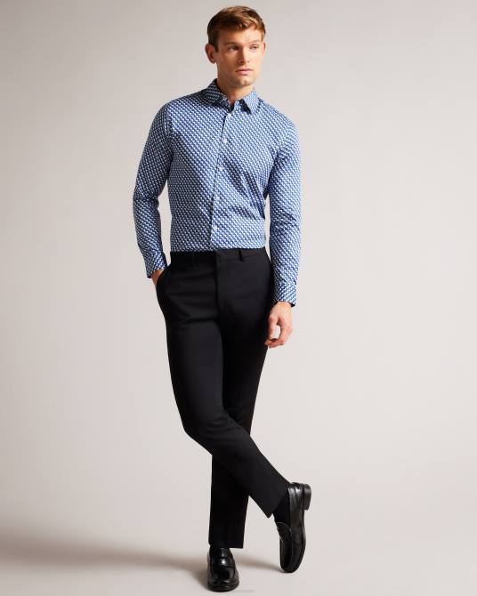 Ted Baker hombres 2ZFP1421 ropa barder camisa geométrica de manga larga de algodón elástico azul oscuro