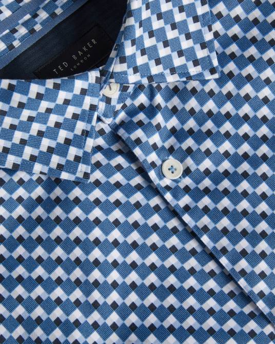 Ted Baker hombres 2ZFP1421 ropa barder camisa geométrica de manga larga de algodón elástico azul oscuro