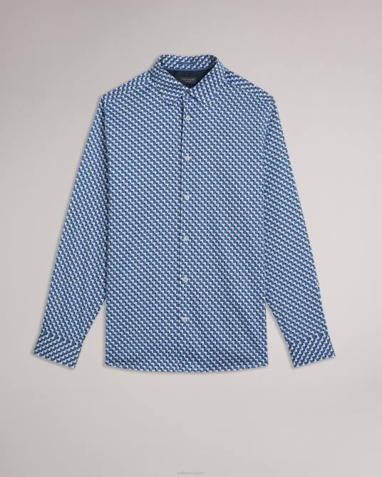 Ted Baker hombres 2ZFP1421 ropa barder camisa geométrica de manga larga de algodón elástico azul oscuro