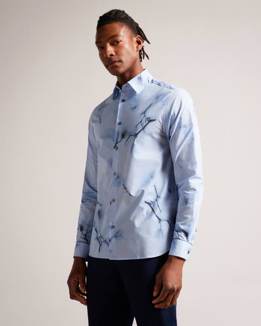 Ted Baker hombres 2ZFP1477 ropa camisa Louth de manga larga con estampado floral grande cielo azul