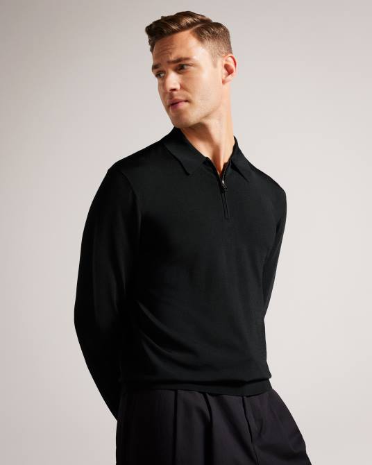 Ted Baker hombres 2ZFP1554 ropa Polo viba de rayón regular de manga larga con media cremallera negro