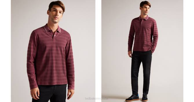 Ted Baker hombres 2ZFP1609 ropa Penine polo de manga larga con rayas texturizadas granate