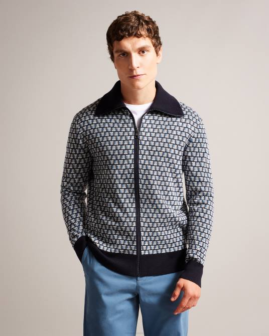 Ted Baker hombres 2ZFP1283 ropa Cárdigan de punto con cremallera y estampado geométrico de T de Teeflow azul