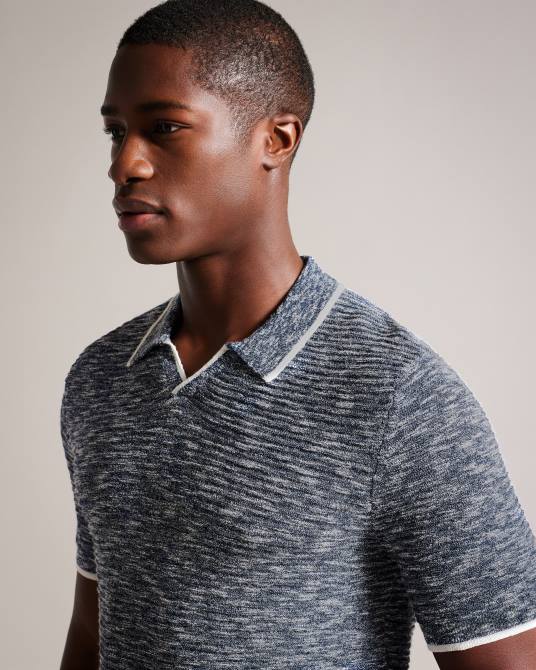 Ted Baker hombres 2ZFP1539 ropa polo plantr con cuello abierto jaspeado azul oscuro