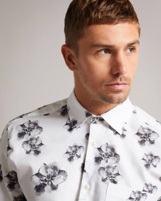Ted Baker hombres 2ZFP1675 ropa milhill ls camisa con estampado fotográfico de magnolia blanco