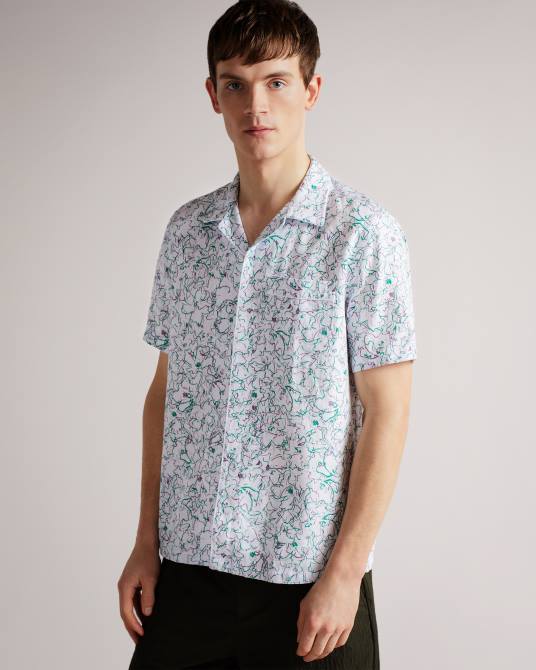 Ted Baker hombres 2ZFP1677 ropa camisa bartlet de manga corta con estampado de reverencias blanco