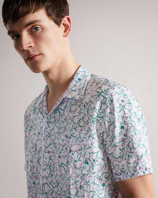 Ted Baker hombres 2ZFP1677 ropa camisa bartlet de manga corta con estampado de reverencias blanco
