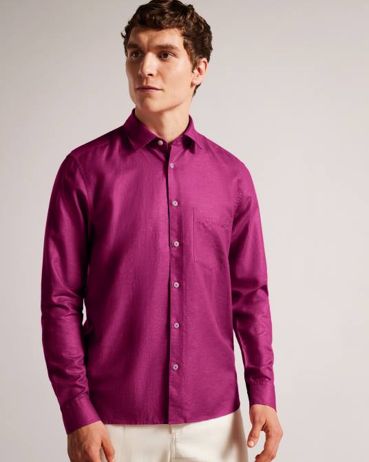 Ted Baker hombres 2ZFP1716 ropa observación camisa de lino de manga larga Morado oscuro