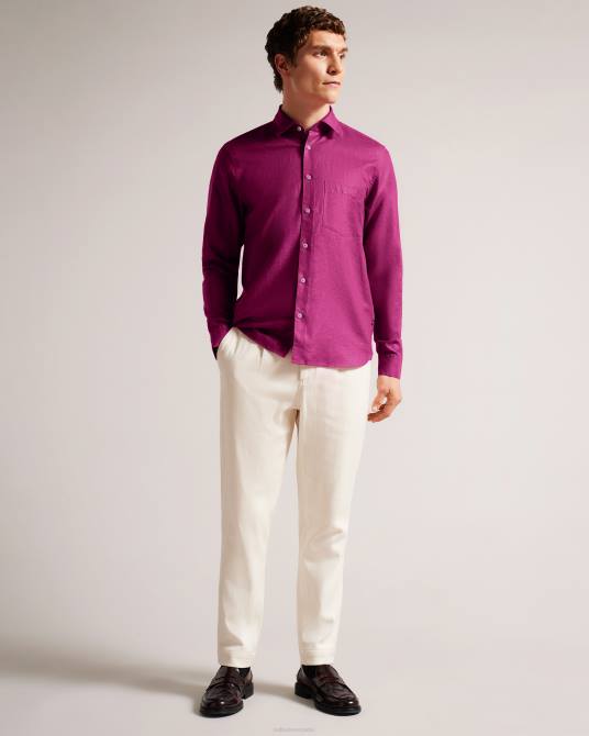 Ted Baker hombres 2ZFP1716 ropa observación camisa de lino de manga larga Morado oscuro