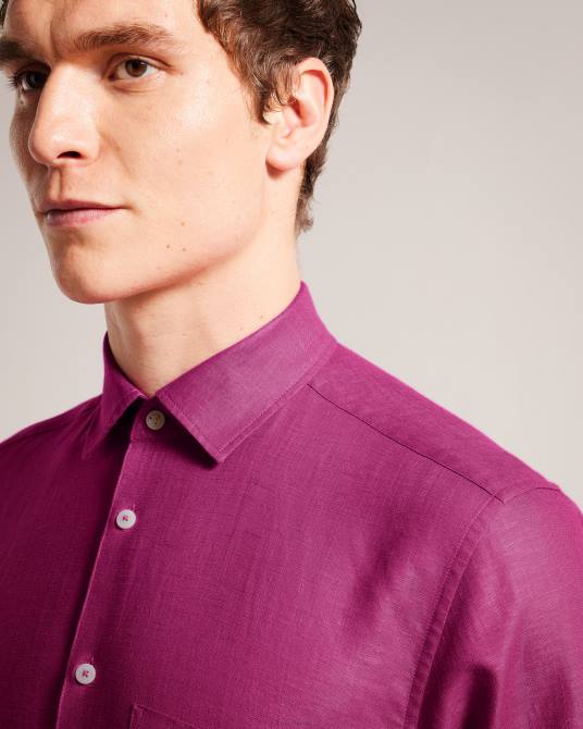 Ted Baker hombres 2ZFP1716 ropa observación camisa de lino de manga larga Morado oscuro