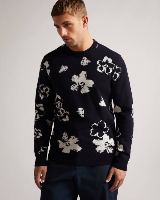 Ted Baker hombres 2ZFP1689 ropa Camiseta Sandsen de manga larga con estampado floral y cuello redondo azul marino oscuro