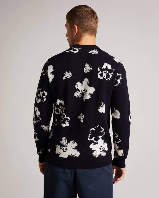 Ted Baker hombres 2ZFP1689 ropa Camiseta Sandsen de manga larga con estampado floral y cuello redondo azul marino oscuro