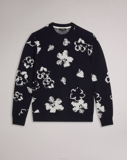 Ted Baker hombres 2ZFP1689 ropa Camiseta Sandsen de manga larga con estampado floral y cuello redondo azul marino oscuro