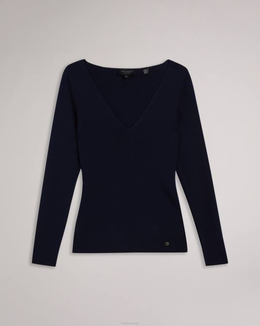 Ted Baker mujer 2ZFP404 ropa top de punto ajustado con cuello en V cileste azul oscuro