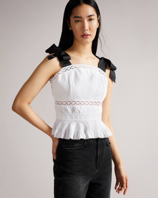Ted Baker mujer 2ZFP540 ropa Pietri top con peplum y aplicación de encaje con tirantes de grosgrain blanco
