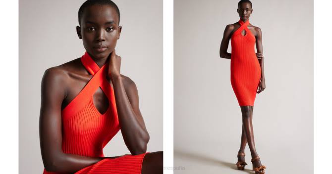 Ted Baker mujer 2ZFP586 ropa vestido mirelle ajustado de punto con cuello halter naranja
