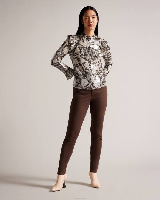 Ted Baker mujer 2ZFP112 ropa blusa dottiah con detalle de pechera con volantes marron oscuro