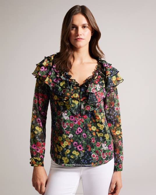 Ted Baker mujer 2ZFP327 ropa Amell blusa de manga larga con cuello en V y volantes negro