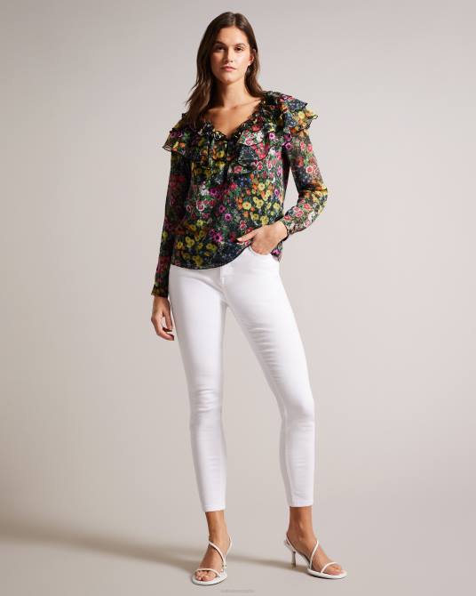 Ted Baker mujer 2ZFP327 ropa Amell blusa de manga larga con cuello en V y volantes negro