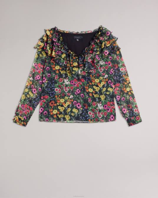 Ted Baker mujer 2ZFP327 ropa Amell blusa de manga larga con cuello en V y volantes negro