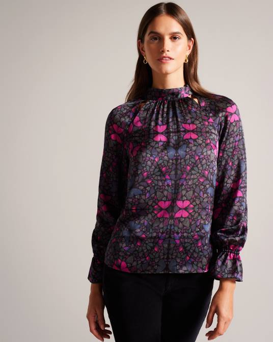 Ted Baker mujer 2ZFP71 ropa blusa heiydii de satén con cuello alto y estampado de mariposas negro