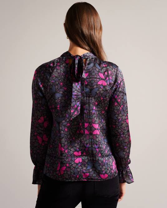 Ted Baker mujer 2ZFP71 ropa blusa heiydii de satén con cuello alto y estampado de mariposas negro