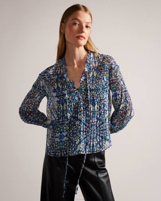 Ted Baker mujer 2ZFP75 ropa Blusa florrei con vuelo, volantes y lazo en el cuello. azul medio