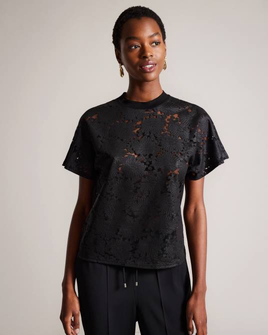 Ted Baker mujer 2ZFP186 ropa camiseta holgada con encaje floral maralo negro