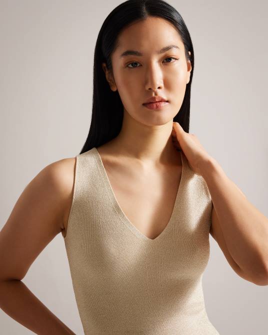 Ted Baker mujer 2ZFP398 ropa chaleco de punto metalizado sharlee oro