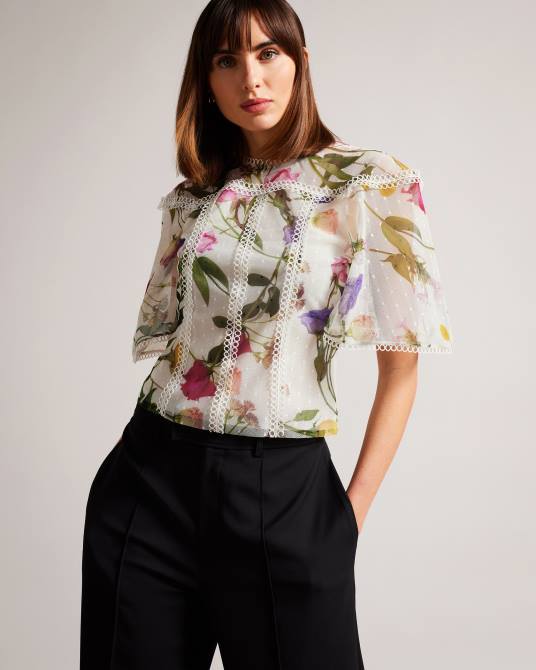 Ted Baker mujer 2ZFP230 ropa top arelln floral con cuello alto y detalles de encaje blanco
