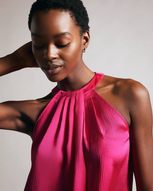 Ted Baker mujer 2ZFP37 ropa corrali top de satén plisado con cuello halter Rosa brillante