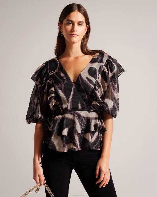 Ted Baker mujer 2ZFP48 ropa Top con cuello en V y volantes con lazo en la cintura de Jasmyna negro